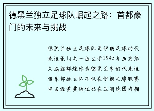德黑兰独立足球队崛起之路:首都豪门的未来与挑战 德黑兰独立足球队崛起之路:首都豪门的未来与挑战