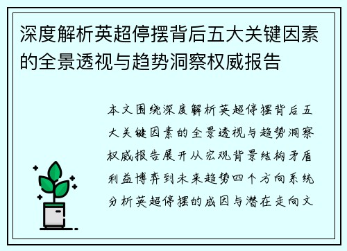 深度解析英超停摆背后五大关键因素的全景透视与趋势洞察权威报告